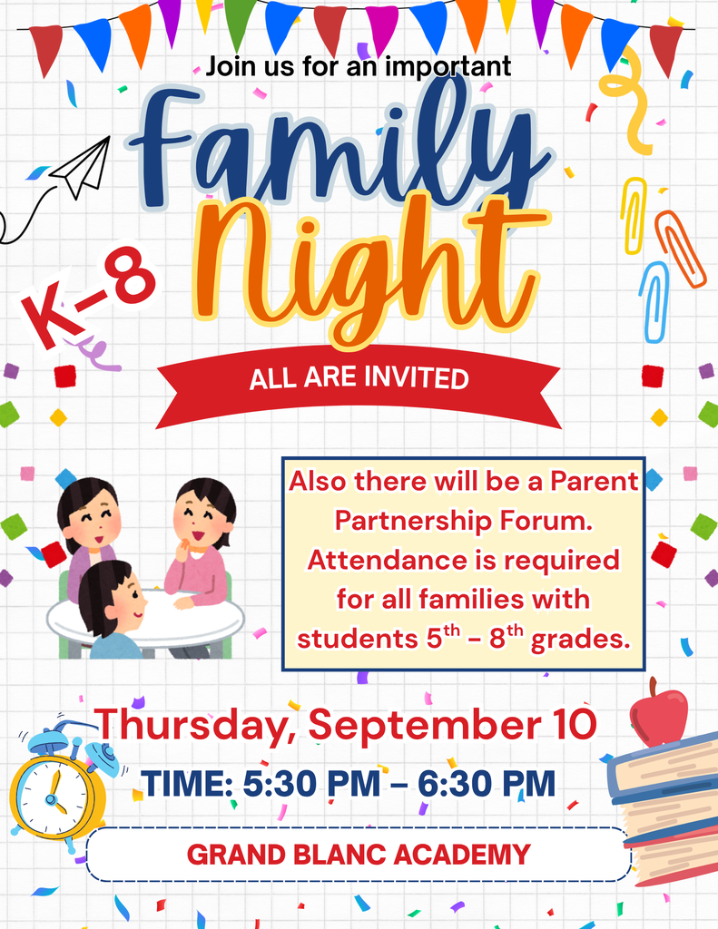 Flyer with light background and blue, orange and red lettering annoucing Family Night.