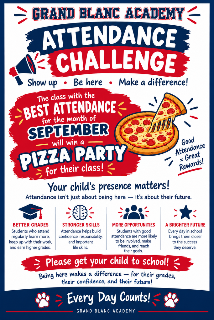 Flyer with light background and blue and red lettering announcing attendance challenge.