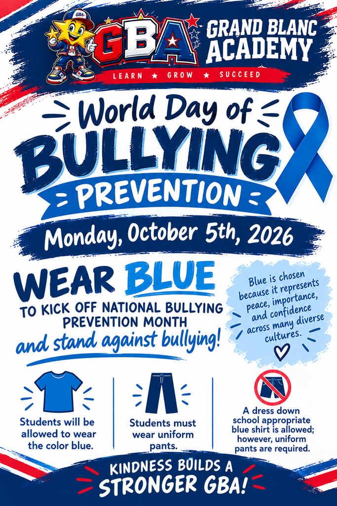 Flyer with white background and blue and white lettering announcing word day of bullying prevention on Monday, October 5th, 2026.