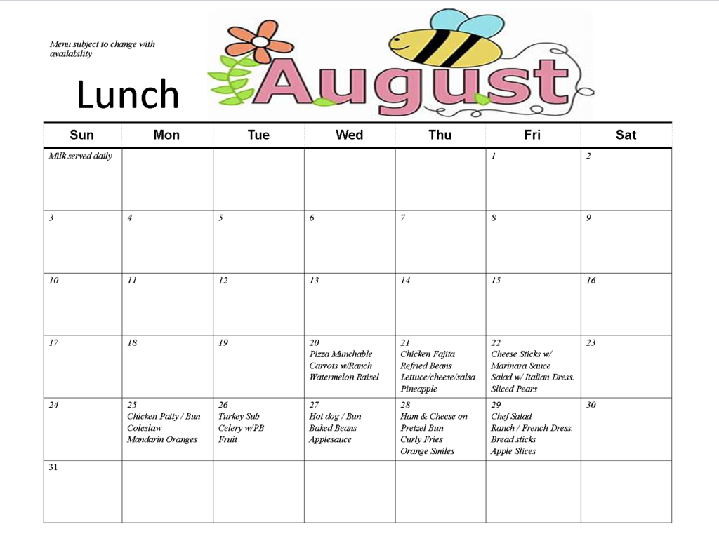 August Lunch Menu