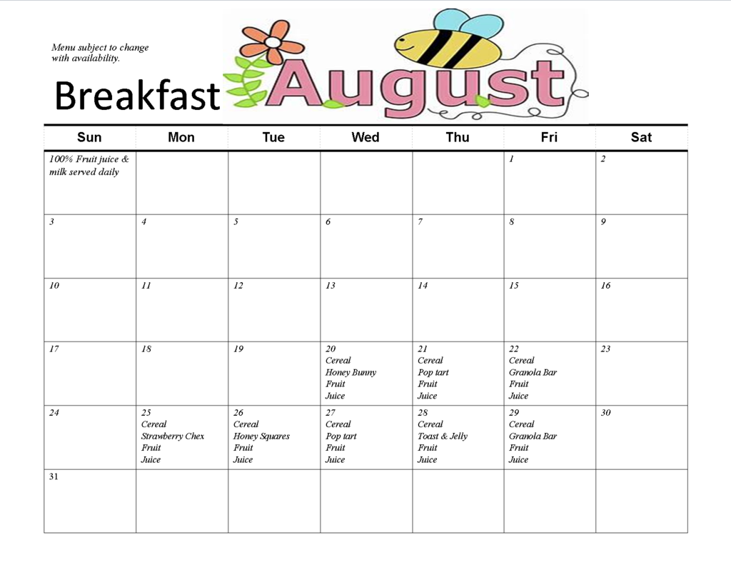 August Breakfast Menu