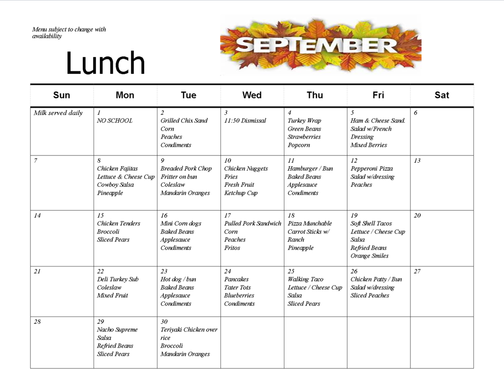 September Lunch Menu 