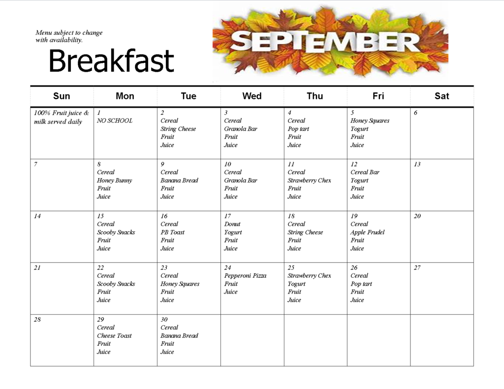 September Breakfast Menu