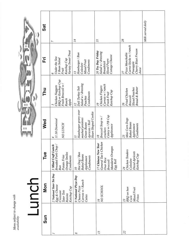 February lunch menu