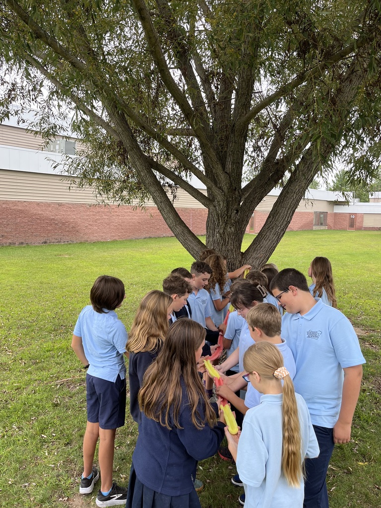 students holding pool noodle under tree