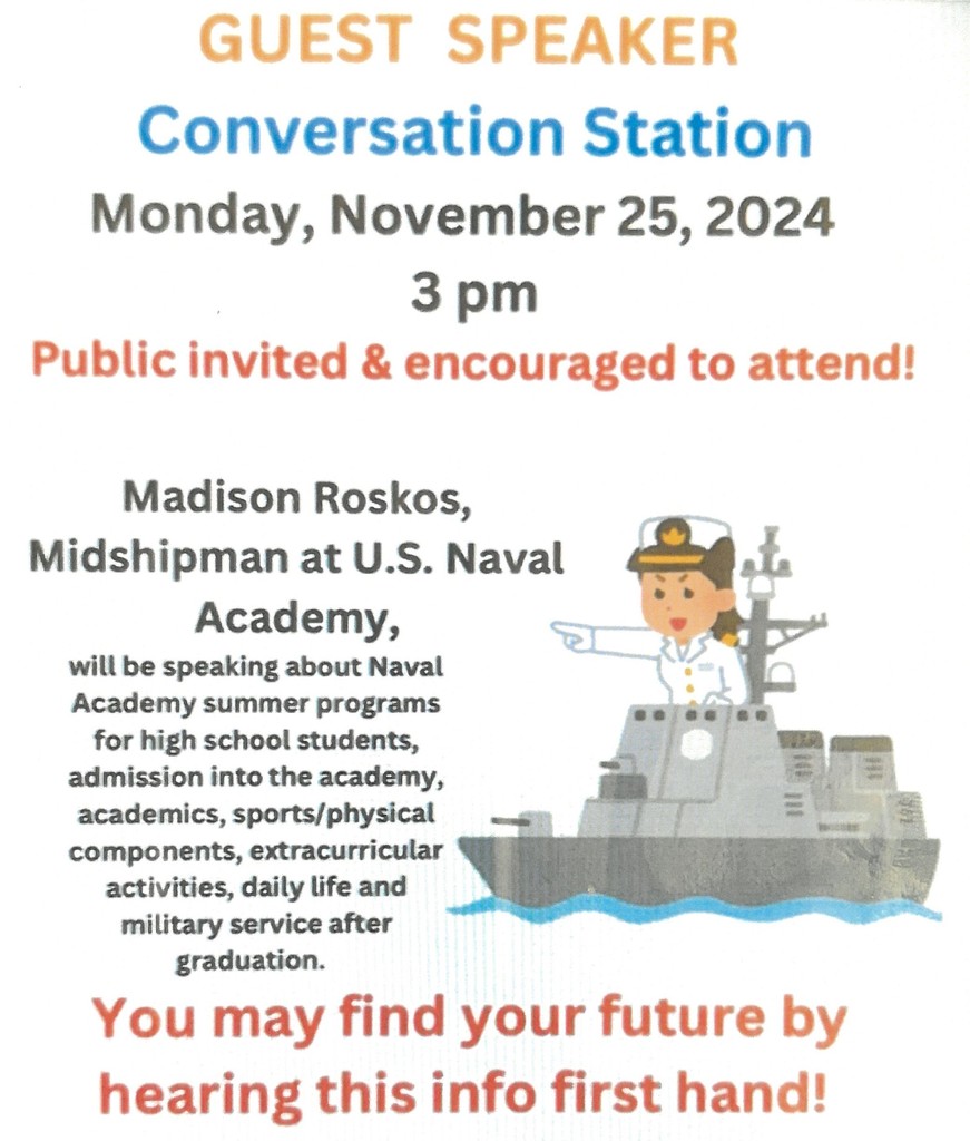 Guest Speaker - Conversation Station Mon., Nov. 25, 24 at 3pm