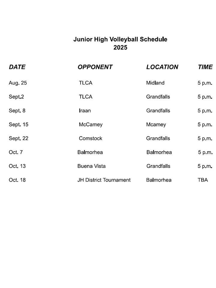2025 JH Volleyball Schedule