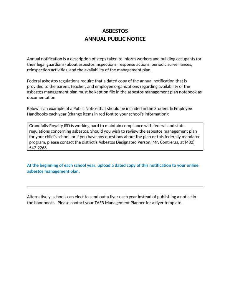 ASBESTOS  ANNUAL PUBLIC NOTICE