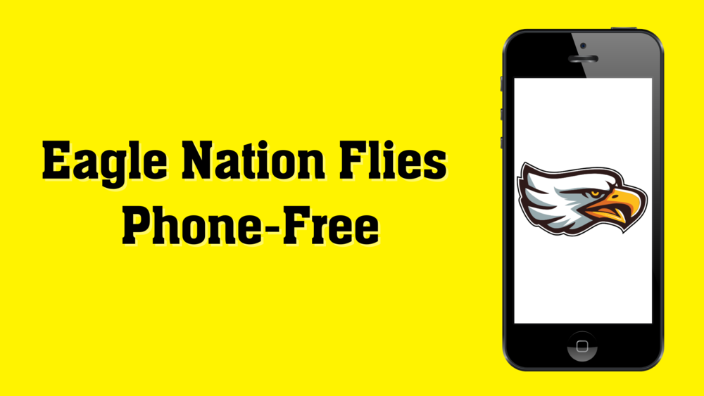 TThe image has a bright yellow background with a black smartphone graphic on the right side. Inside the phone screen is the head of an eagle with white feathers, a yellow beak, and a fierce expression. On the left side, bold black text reads: Eagle Nation Flies Phone-Freehe image shows a graphic with a yellow-green background. At the top, bold black text reads: "Eagle Nation Flies". In the center, there’s an illustration of a smartphone with the screen displaying the head of an eagle (white feathers, yellow beak, fierce expression). At the bottom, bold black text reads: "Phone-Free".