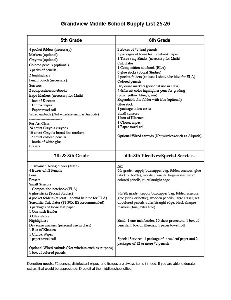 Middle School Supply List