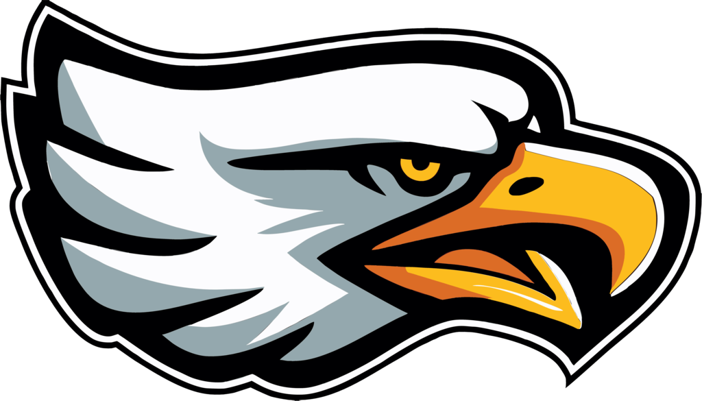 Stylized illustration of a fierce bald eagle head in profile facing right, with sharp angular lines, white and gray feathers, intense yellow eye, and bright yellow-orange beak outlined in dark brown