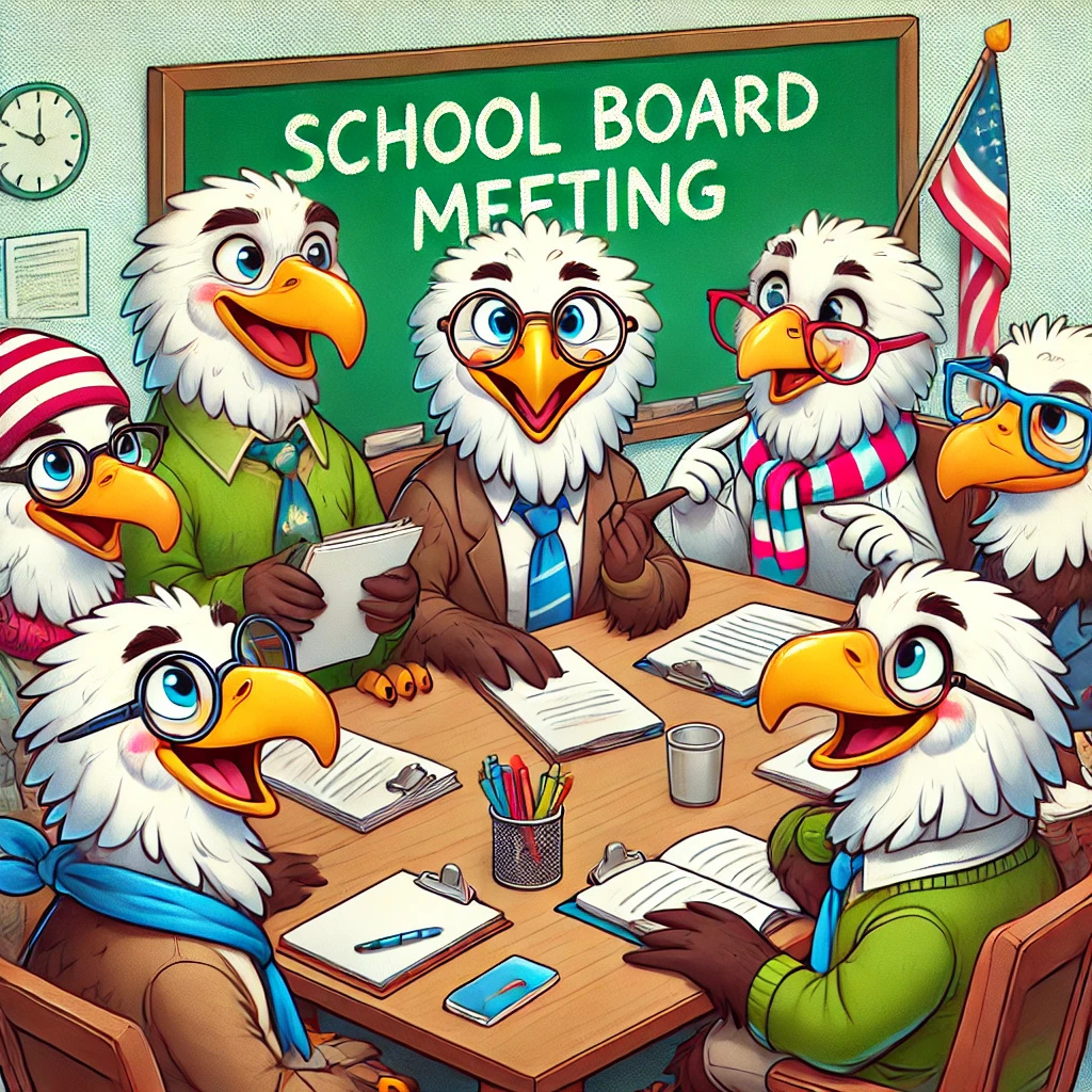 Picture of a group of eagles having a school board meeting.