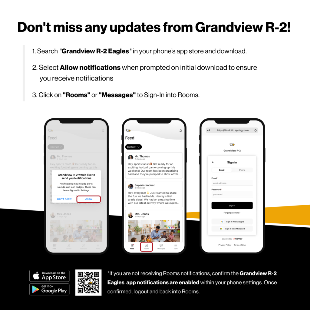 Graphic titled “Don’t miss any updates from Grandview R-2!” with three steps: Search “Grandview R-2 Eagles” in your phone’s app store and download. Select “Allow notifications” when prompted to ensure you receive updates. Click on “Rooms” or “Messages” to sign in to Rooms. Below the steps are three smartphone screenshots: The first shows a notification prompt asking “Grandview R-2 would like to send you notifications” with the “Allow” button highlighted. The second shows the app’s feed with posts from Mr. Thomas, Superintendent, and Mrs. Jones. The third shows a sign-in screen for Grandview R-2 with options to sign in via email, Google, or Microsoft. At the bottom, there are download badges for the Apple App Store and Google Play, plus a QR code. A note reads: “If you are not receiving Rooms notifications, confirm the Grandview R-2 Eagles app notifications are enabled within your phone settings. Once confirmed, logout and back into Rooms.”