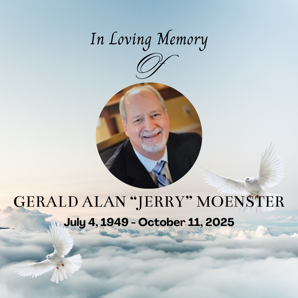 Jerry Moenster Picture surrounded by clouds and funeral hie life dates