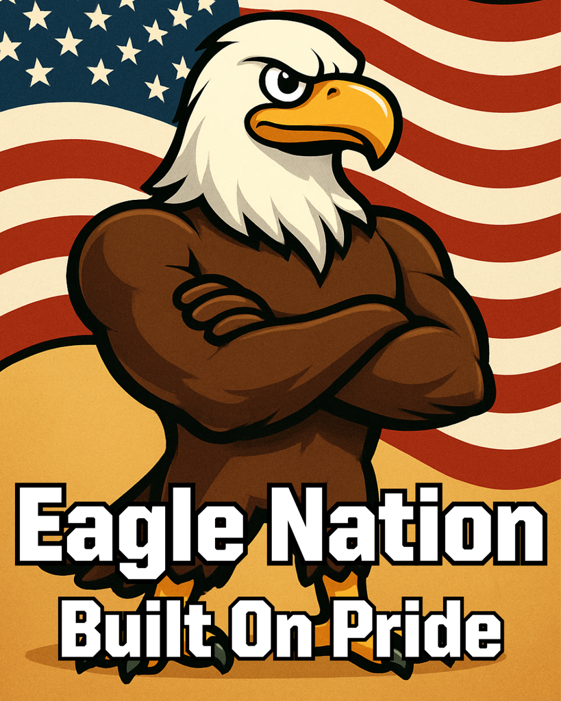A patriotic cartoon illustration featuring a muscular bald eagle standing proudly with arms crossed (anthropomorphized with human-like arms and torso for emphasis on strength). The eagle has a fierce, determined expression, with white head feathers, yellow beak, and piercing eyes. Its body is brown and buff, with talons gripping the ground. The background is a gradient of warm yellow and orange at the bottom, fading into an American flag with red and white stripes and blue stars in the upper section. Bold white text with black outlines reads "EAGLE NATION" twice at the top and "BUILT ON PRIDE" at the bottom, evoking themes of national unity, strength, and patriotism. The overall style is vibrant, vector-art inspired, suitable for motivational posters or apparel.