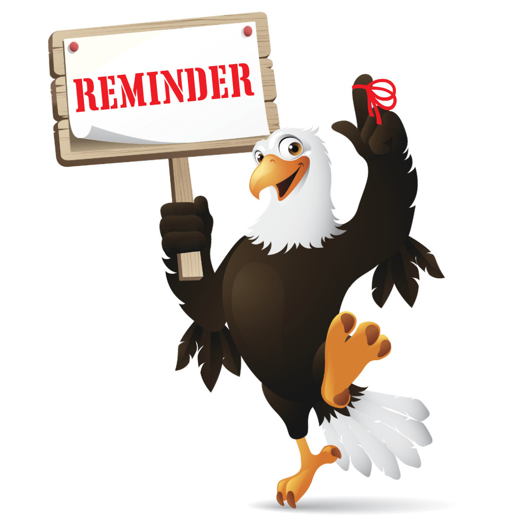 eagle with a string around a finger holding a sign saying reminder