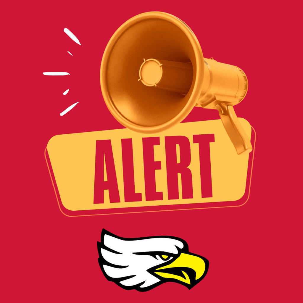 red background with an eagle head abd megaphone. text saying alert
