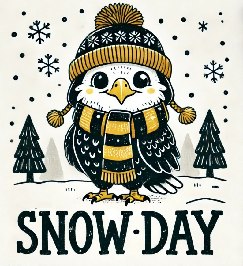 DALL·E 2025-02-15 16.31.40 - A hand-drawn style cartoon eagle with a friendly expression, dressed warmly in black and yellow winter attire, including a scarf, hat, and gloves. The