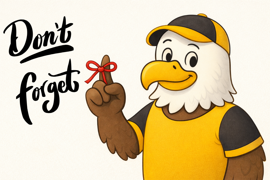 Cartoon illustration of a friendly eagle mascot wearing a yellow and black shirt and cap, smiling and holding up one finger with a red string tied around it as a reminder