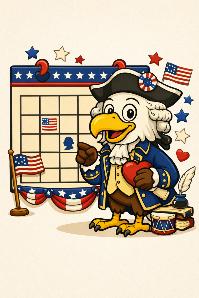 cartoon eagle dressed as george washington standing in front of presidents day calendar with american flags