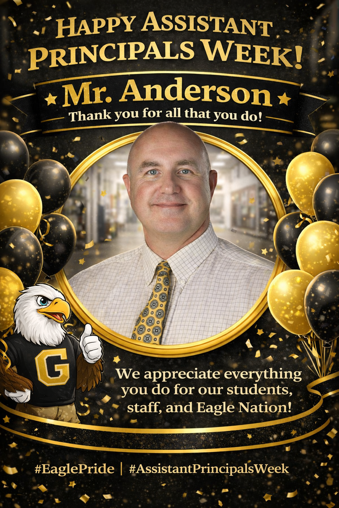 A celebratory graphic with a black and gold theme honors Assistant Principal Mr. Anderson. The image features a smiling, bald man wearing a light checkered dress shirt and patterned gold tie, centered inside a gold circular frame. Surrounding him are black and gold balloons, confetti, and a cartoon eagle mascot giving a thumbs up. Bold text at the top reads “Happy Assistant Principals Week!” with “Mr. Anderson – Thank you for all that you do!” displayed beneath it. Additional text at the bottom expresses appreciation for his impact on students, staff, and the school community, along with hashtags for Eagle Pride and Assistant Principals Week.