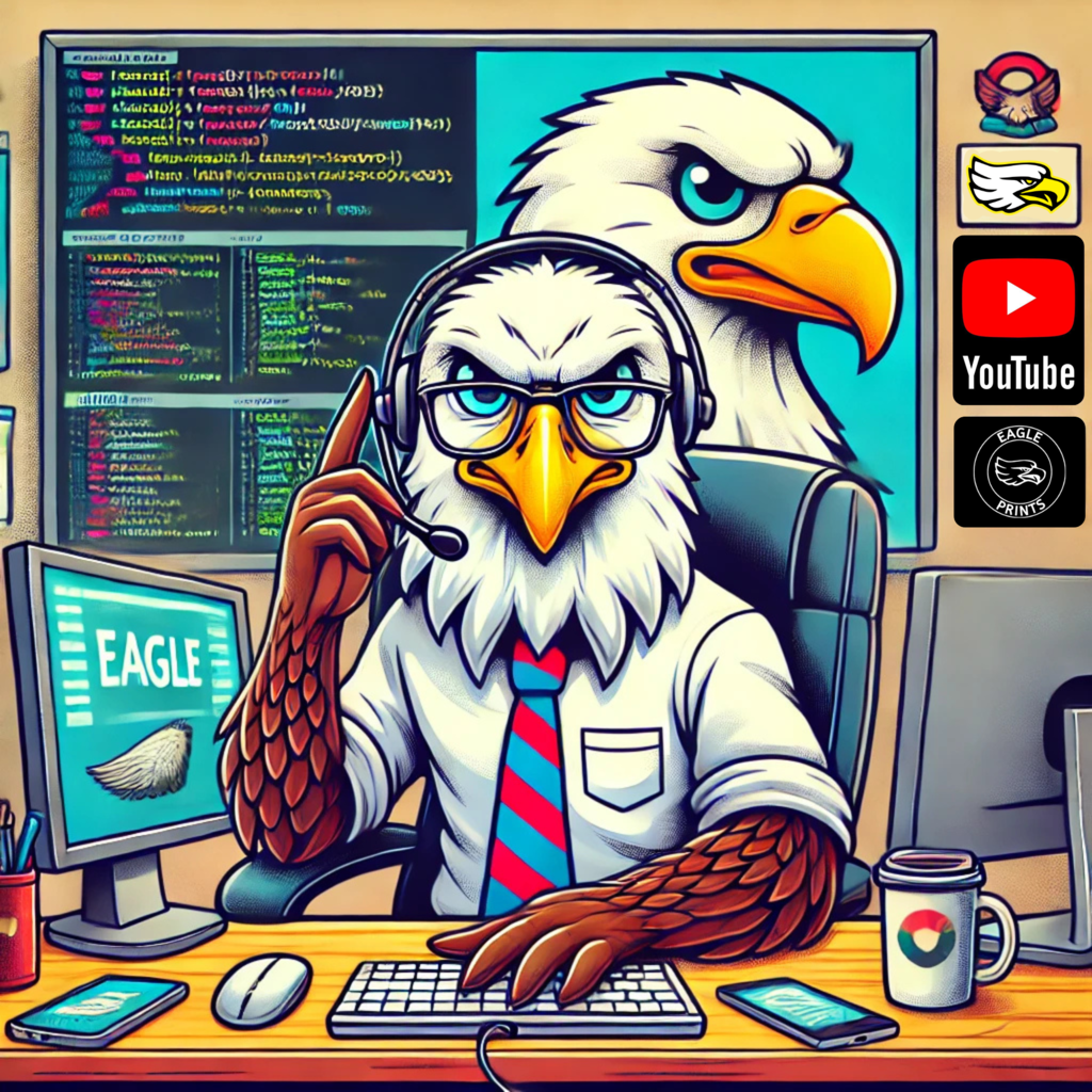 Cartoon eagle wearing a headset and tie while working at a computer desk with coding screens and Grandview Eagle graphics, representing website and communications updates.