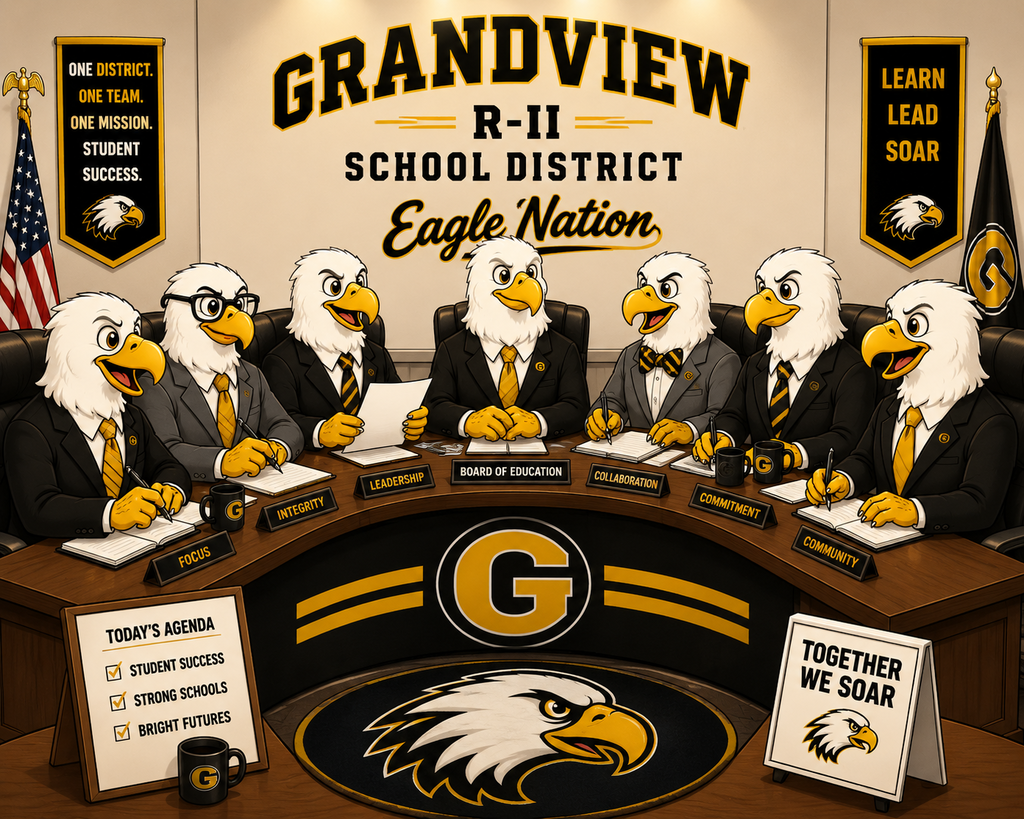 Cartoon illustration of seven eagle school board members seated around a conference table during a board meeting, featuring Grandview R-II School District branding in black