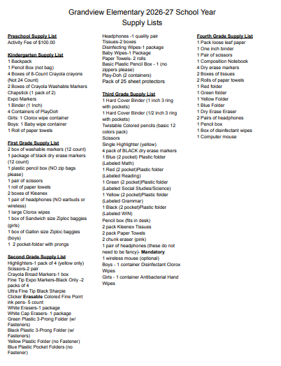 26-27 School Supply Lists