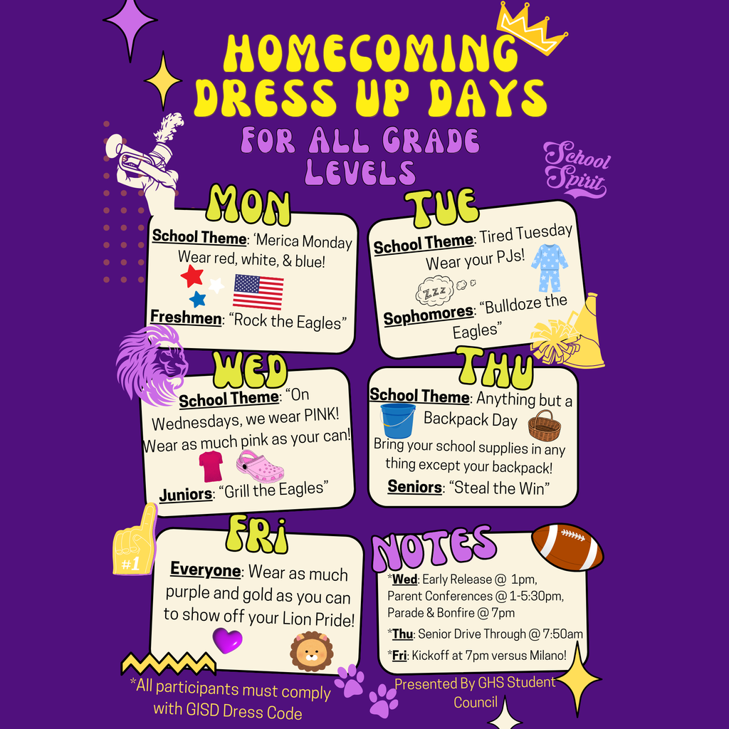 Homecoming Dress Up Days. 'Merica Monday- Wear red, white, and blue. Tired Tuesday- wear PJs. On Wednesdays we wear pink- wear pink. Thursday- Anything but a backpack day. Bring your school supplies in anything except for your backpack. Friday- Purple and Gold day to show school spirit. Notes- *Wed: Early Release @ 1pm, Parent Conferences @ 1-5:30pm, Parade & Bonfire @ 7pm *Thu: Senior Drive Through @ 7:50am *Fri: Kickoff at 7pm versus Milano!