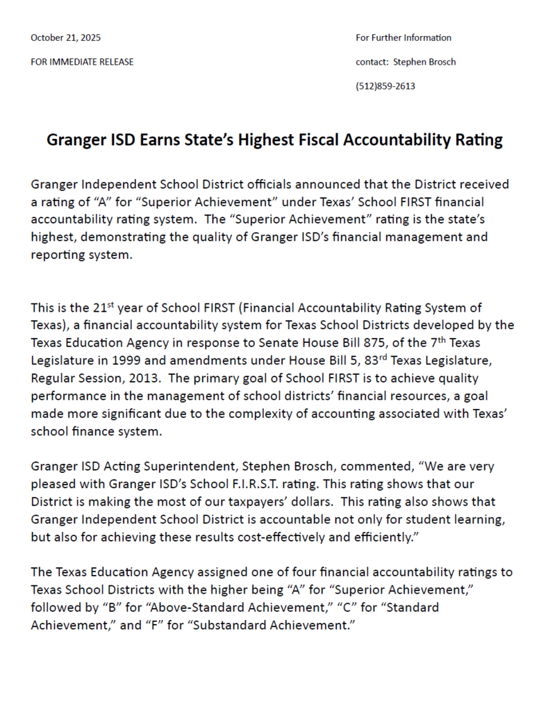 Granger ISD Earns State’s Highest Fiscal Accountability Rating 
