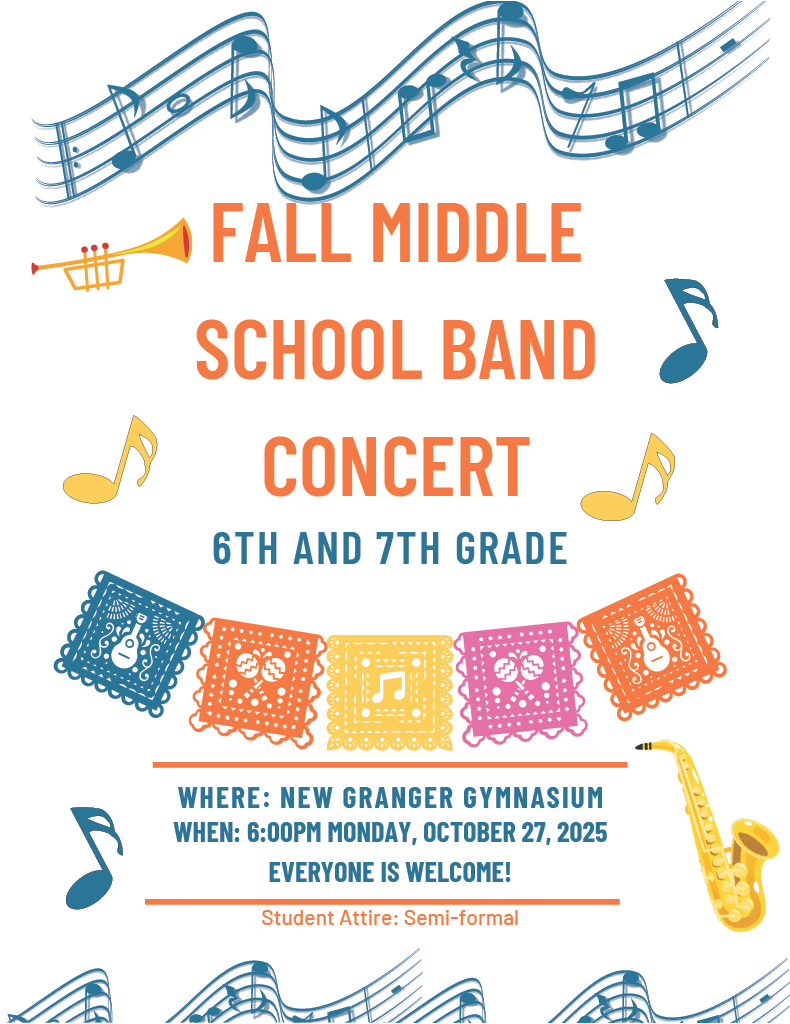 Middle School Band Concert on Monday, October the 27th at 6:00pm in the new gym
