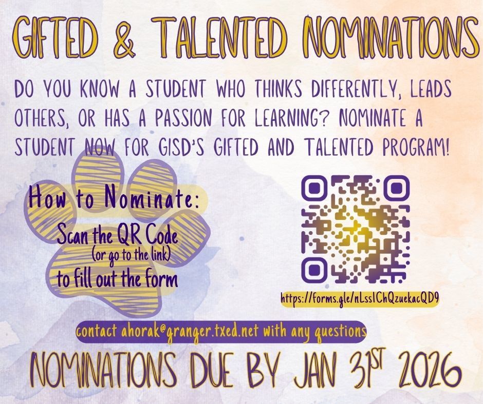 Gifted & Talented Nomination form. Nominations due Jan 31st.