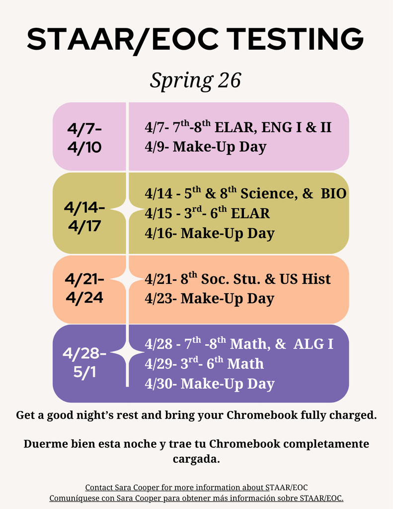 Spring STAAR/EOC Testing Dates