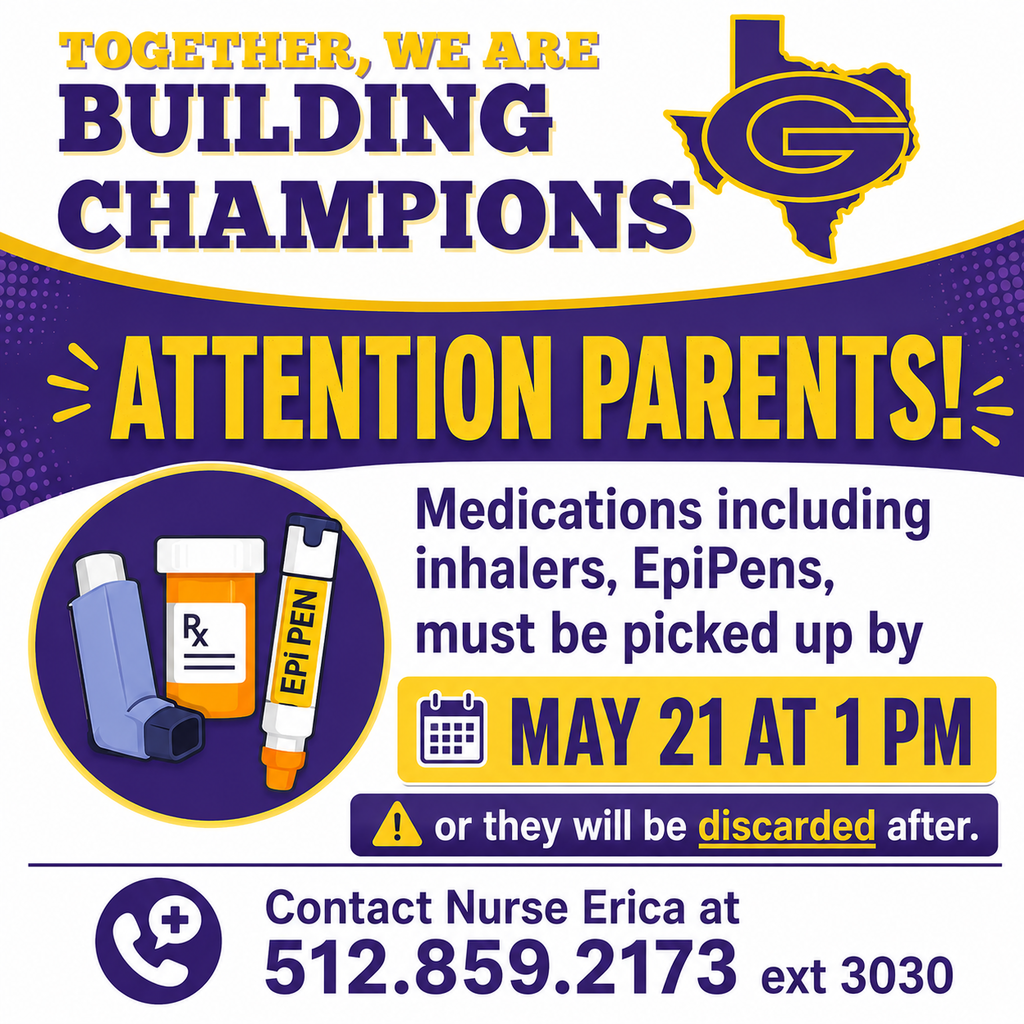 All student medications including inhalers and epi pens must be picked up from the nurse's office by 1 pm on May 21st.  Any that are not picked up will be properly discarded. Please contact Nurse Erica - 512.859.2173 Ext 3030 with any questions or concerns.