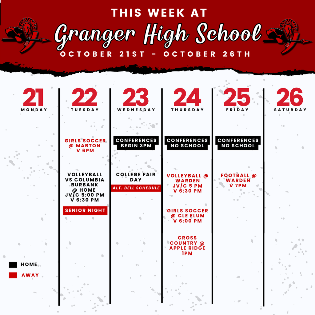 This Week at Granger High School schedule from October 21st to October 26th. The image is divided into six columns for each day of the week. Key events include: Girls' Soccer at Mabton on Tuesday at 6 PM, Volleyball vs. Columbia Burbank at home on Tuesday (JV/C at 5 PM, Varsity at 6:30 PM), Senior Night, College Fair Day on Wednesday with an alternate bell schedule, Fall Conferences starting Wednesday at 3 PM and continuing through Friday with no school Thursday or Friday, Volleyball at Warden on Thursday (JV/C at 5 PM, Varsity at 6:30 PM), Girls' Soccer at Cle Elum on Thursday at 6 PM, Cross Country at Apple Ridge on Thursday at 1 PM, and Football at Warden on Friday at 7 PM.