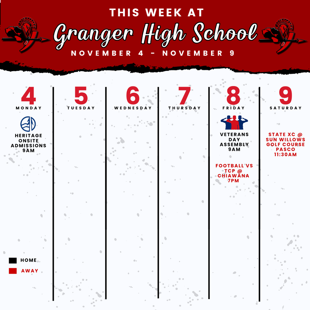 Weekly calendar for Granger High School events from November 4 to November 9. Monday features Heritage Onsite Admissions at 9:00 AM. Friday includes a Veterans Day Assembly at 9:00 AM and a football game against TCP at Chiawana at 7:00 PM (marked as away). Saturday lists State Cross Country at Sun Willows Golf Course in Pasco at 11:30 AM. The calendar is labeled 'This Week at Granger High School' with the school's logo and color scheme in red, black, and white.