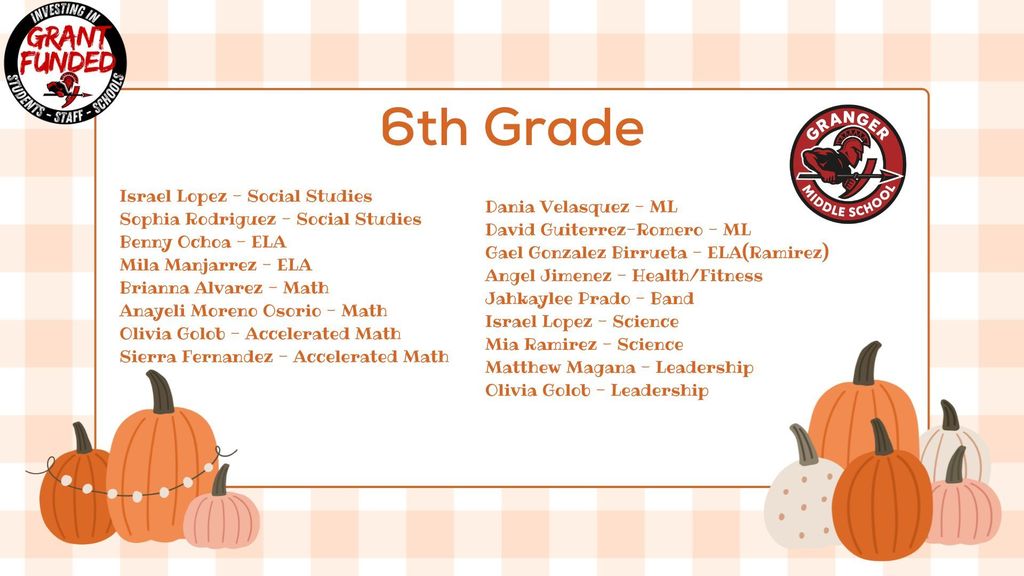 6th Grade Students of Excellence for October