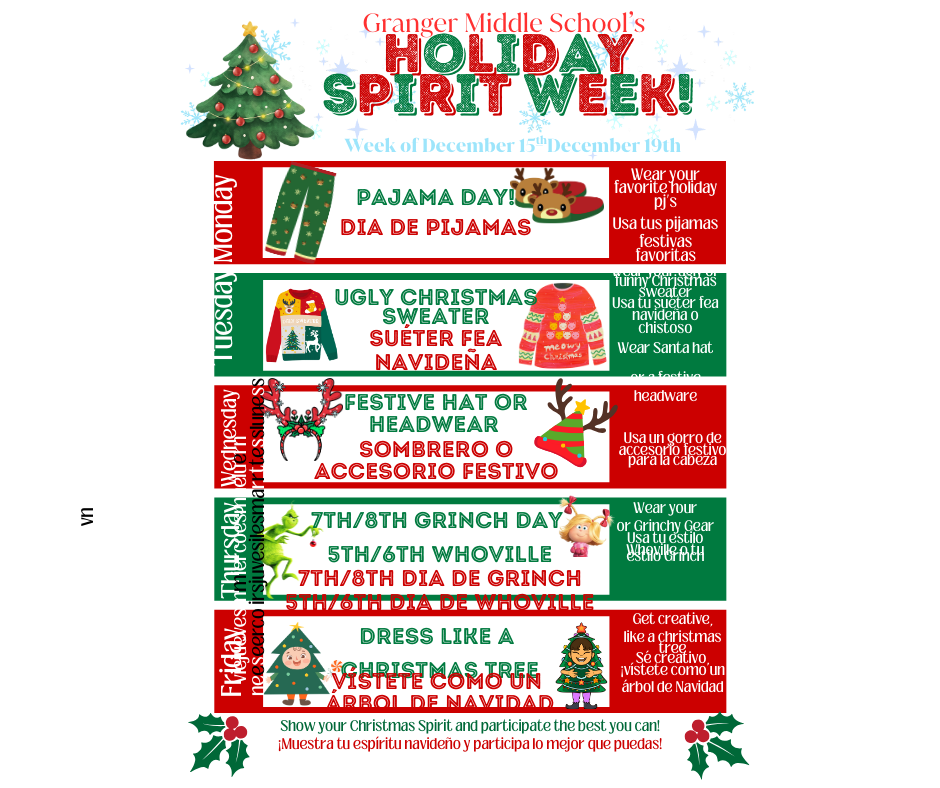 Holiday Spirit Week Announcement December 15-19