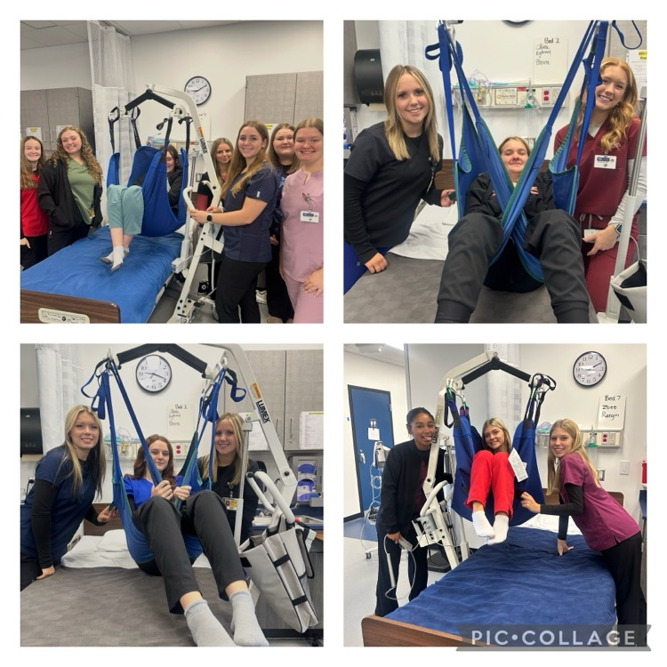 Junior Allied Health students using Hoyer lifts today during lab