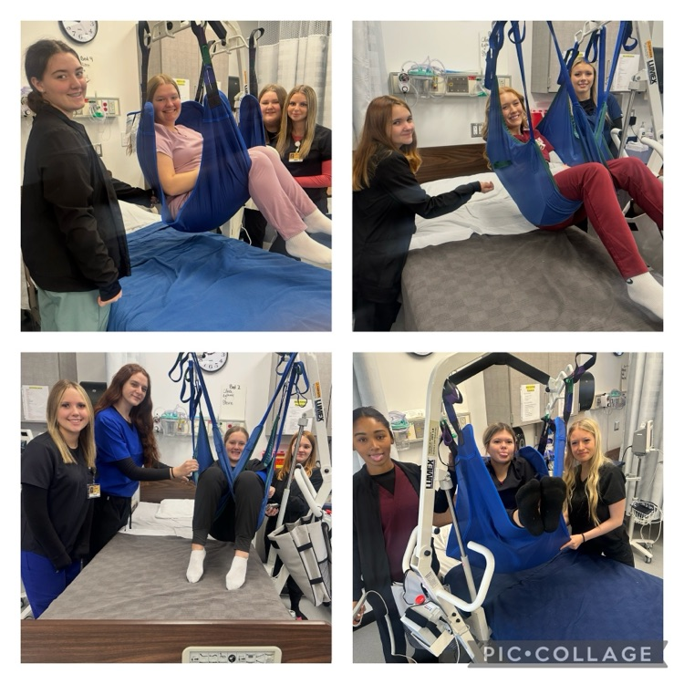 Junior Allied Health students using Hoyer lifts today during lab