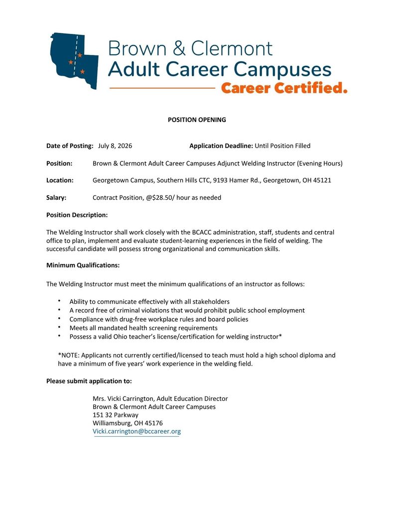 Position opening for Welding Instructor