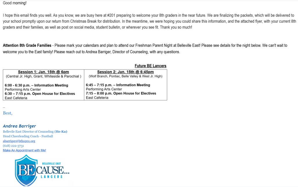 Attention 8th Grade Families - Please mark your calendars and plan to attend our Freshman Parent Night at Belleville East! Please see details for the night below. We can't wait to welcome you to the East family! Please reach out to Andrea Barriger, Director of Counseling, with any questions. 