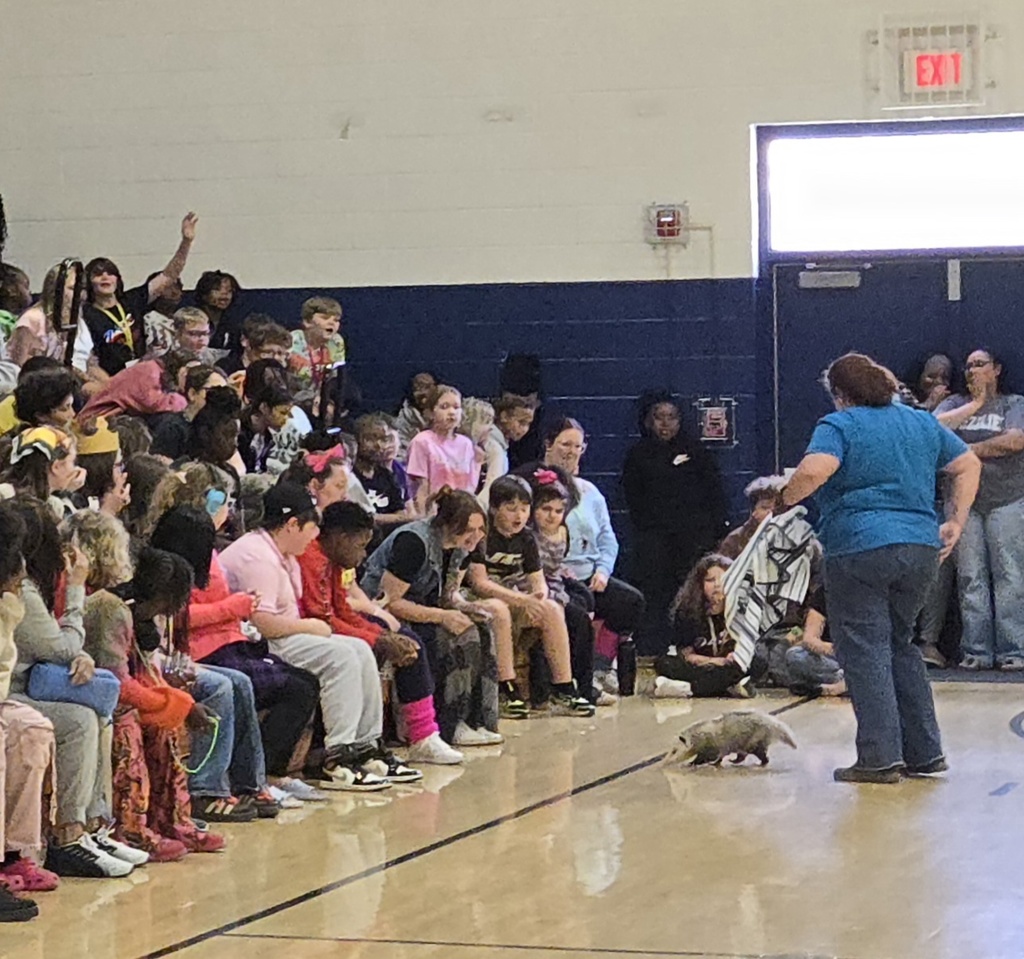 Volunteer from rescue facility with an opossum walking in front of students at an assembly