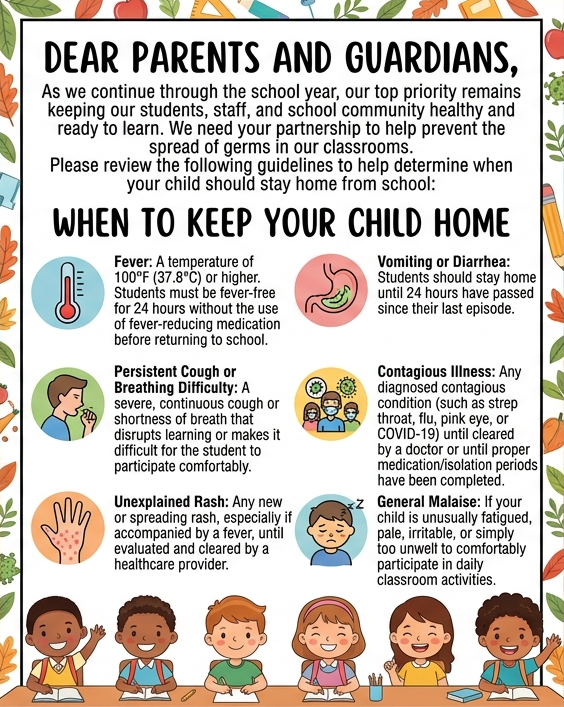 Dear Parents and Guardians, As we continue through the school year, our top priority remains keeping our students, staff, and school community healthy and ready to learn. We need your partnership to help prevent the spread of germs in our classrooms.  Please review the following guidelines to help determine when your child should stay home from school:  When to Keep Your Child Home Fever: A temperature of 100°F (37.8°C) or higher. Students must be fever-free for 24 hours without the use of fever-reducing medication before returning to school. Vomiting or Diarrhea: Students should stay home until 24 hours have passed since their last episode. Persistent Cough or Breathing Difficulty: A severe, continuous cough or shortness of breath that disrupts learning or makes it difficult for the student to participate comfortably. Contagious Illness: Any diagnosed contagious condition (such as strep throat, flu, pink eye, or COVID-19) until cleared by a doctor or until proper medication/isolation periods have been completed. Unexplained Rash: Any new or spreading rash, especially if accompanied by a fever, until evaluated and cleared by a healthcare provider. General Malaise: If your child is unusually fatigued, pale, irritable, or simply too unwell to comfortably participate in daily classroom activities.