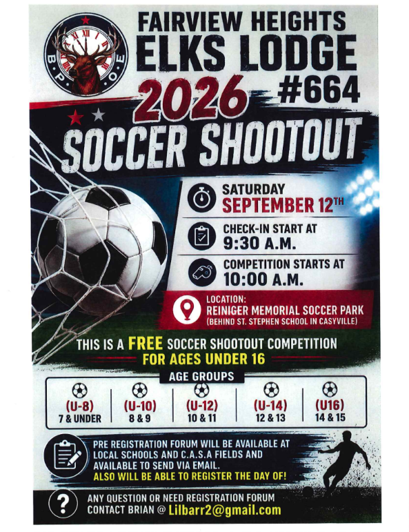 Event flyer for the Fairview Heights Elks Lodge #664 2026 Soccer Shootout on September 12th. Complete event details are listed below.