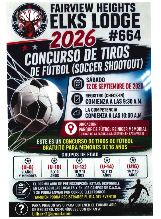 Spanish language flyer for the Fairview Heights Elks Lodge #664 2026 Soccer Shootout on September 12th. Details provided below.