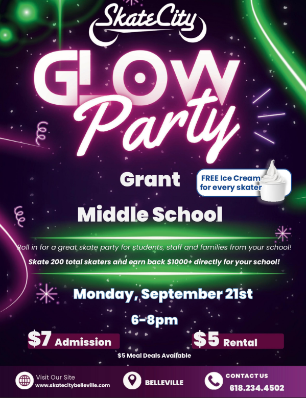 Skate City Glow Party flyer for Grant Middle School on Monday, September 21st from 6 to 8 PM. Details below.