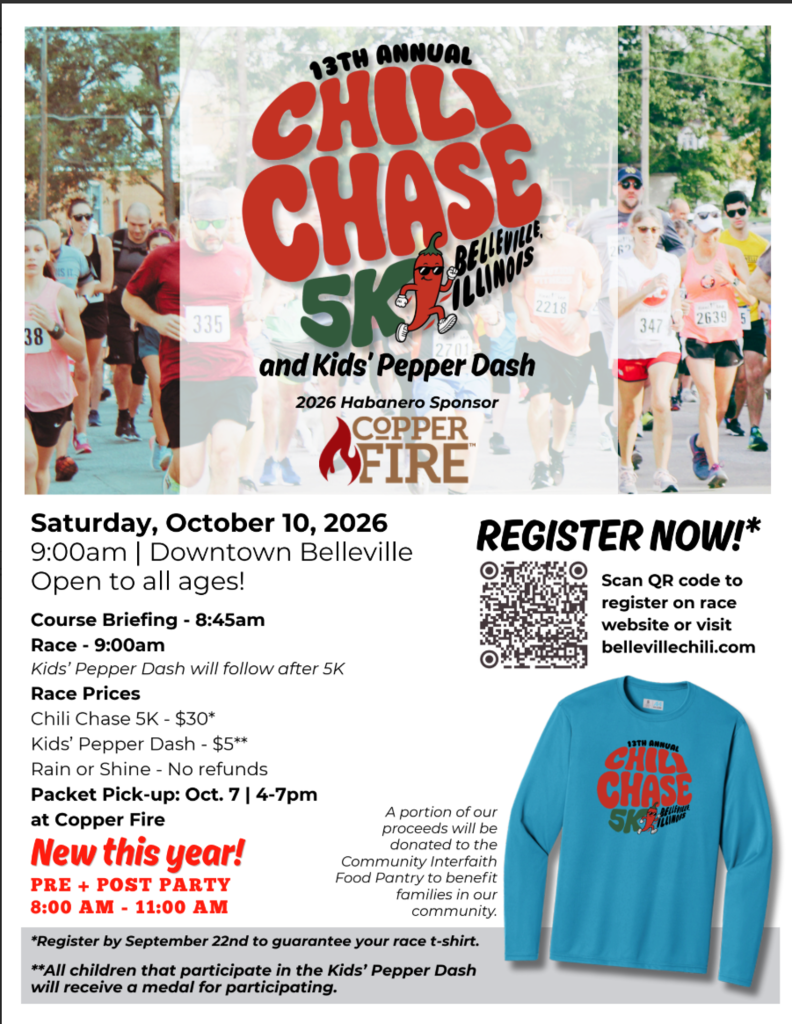 Event flyer for the 13th Annual Chili Chase 5K and Kids' Pepper Dash in Belleville, Illinois on October 10, 2026. Event details and pricing are provided in the surrounding text.