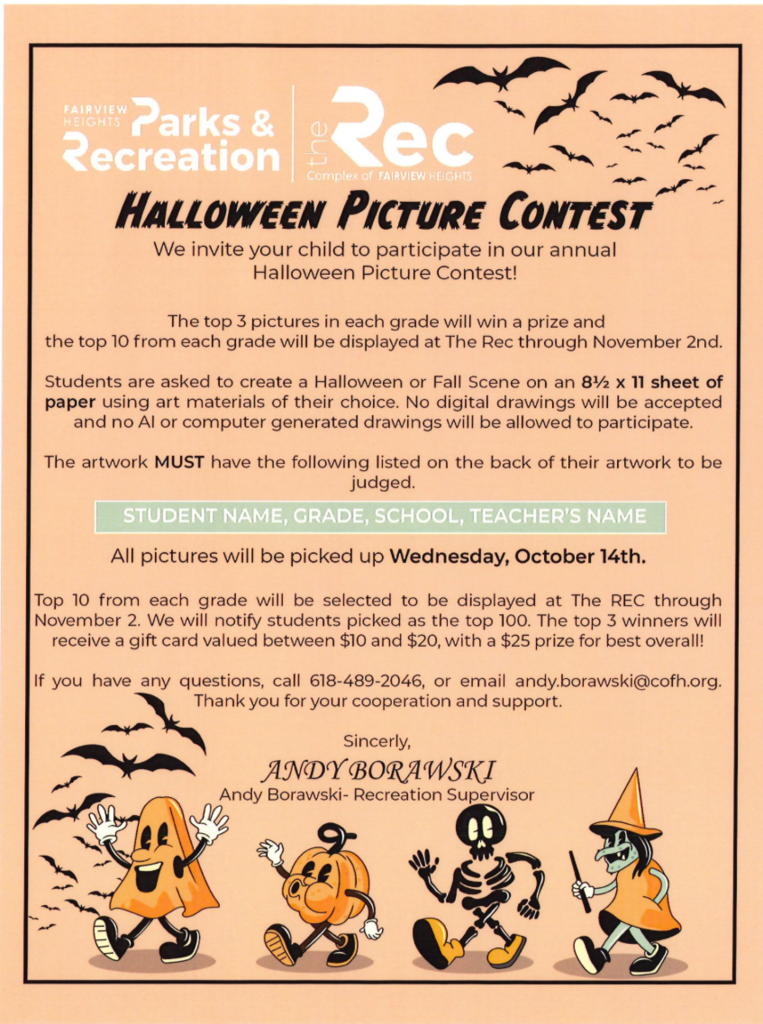 Flyer for the Fairview Heights Parks & Recreation Annual Halloween Picture Contest detailing rules, submission guidelines, prizes, and contact information.