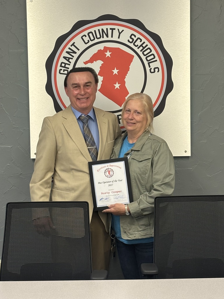 Congratulations to the late Rusty Cooper for being recognized as the Bus Operator of the Year 2027 for Grant County Schools. Accepting the award on his behalf is fellow Bus Operator and Rusty's wife, Tina Cooper. 